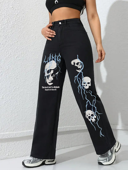 Jean brodé pour femme, style urbain – Coupe droite ample en denim