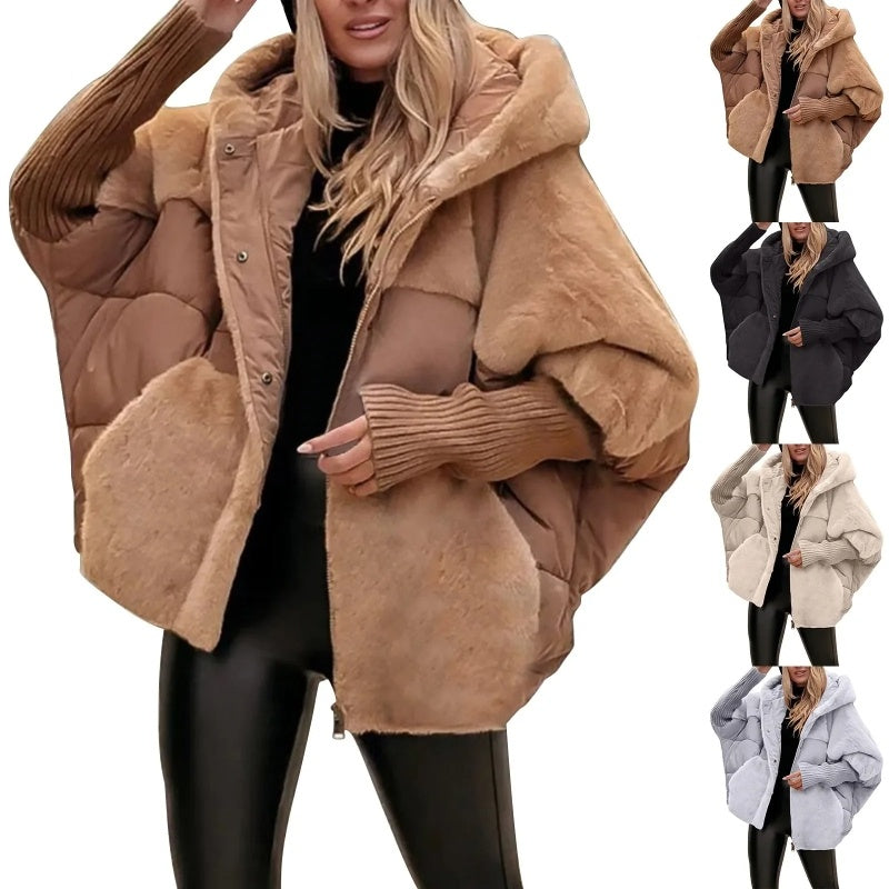Loom & Soul™ Faux Fur Patchwork Hooded Coat – Women’s Loose Cotton Winter Jacket for Chic Comfort & Warmth