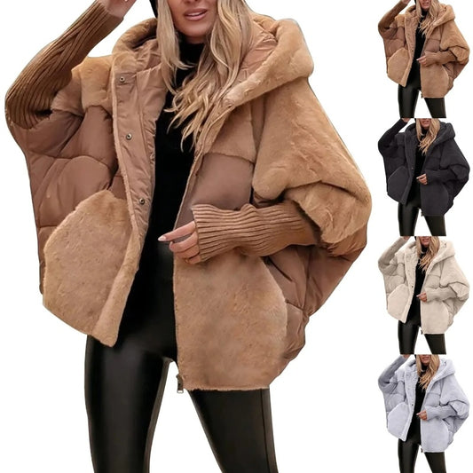 Loom & Soul™ Faux Fur Patchwork Hooded Coat – Women’s Loose Cotton Winter Jacket for Chic Comfort & Warmth