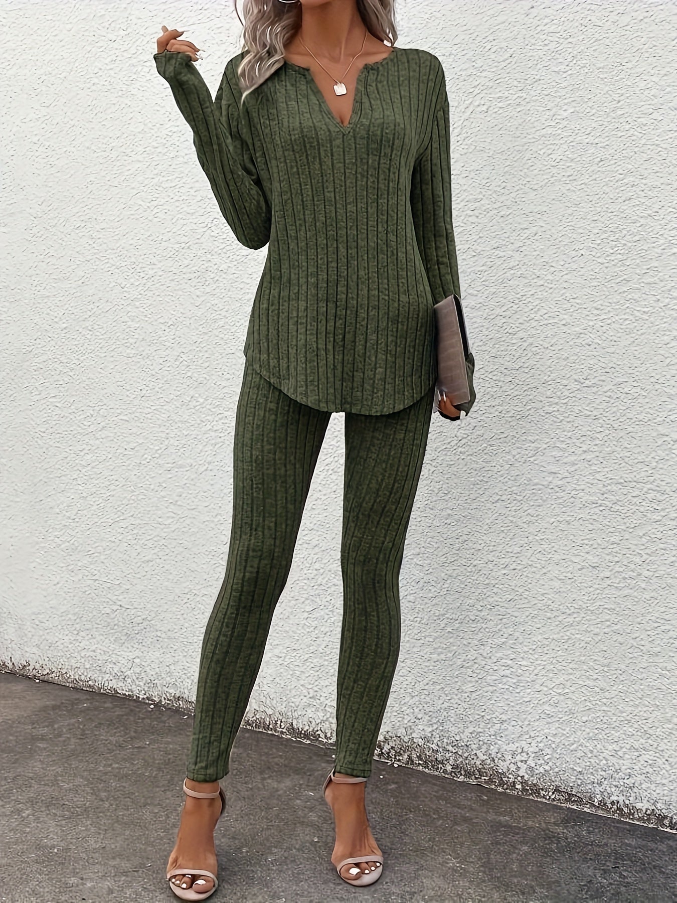 Ribbed Slim Fit Suit – Women’s V-Neck Long Sleeve Top & Pants Set