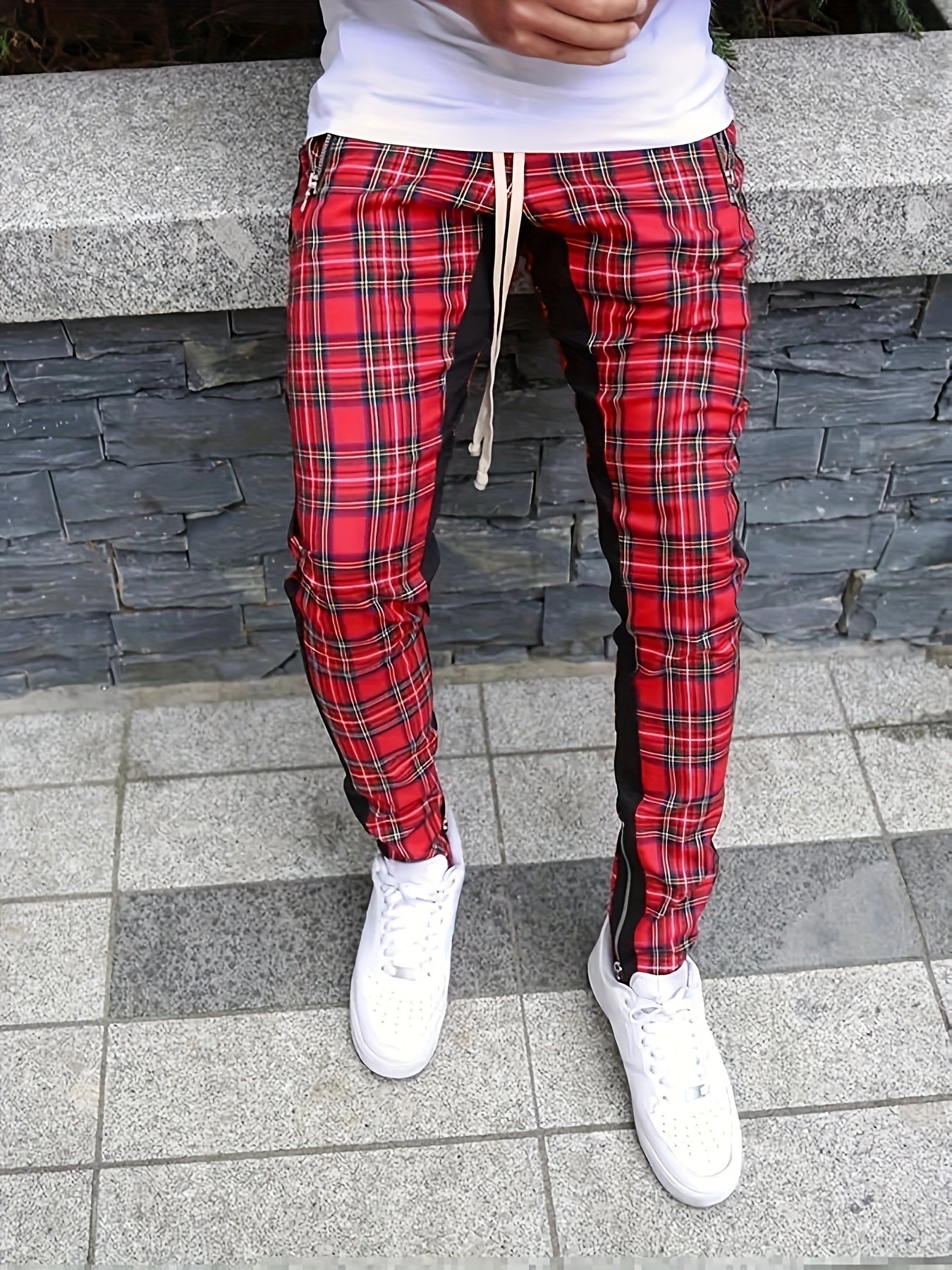 Men’s Red & Black Plaid Joggers – 3D Knit Streetwear Trousers