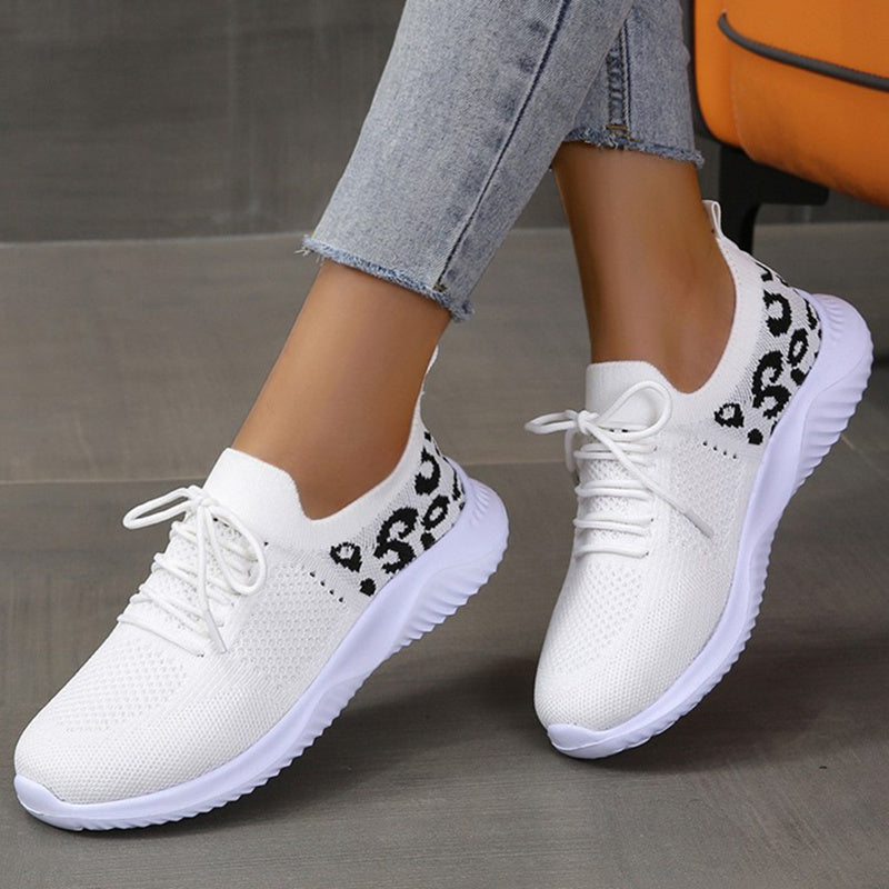 Loom & Soul Leopard Print Lace-Up Sneakers – Women’s Casual White Sports Shoes with Round Toe