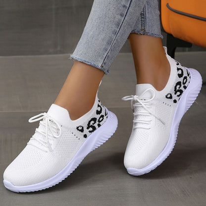 Loom & Soul Leopard Print Lace-Up Sneakers – Women’s Casual White Sports Shoes with Round Toe