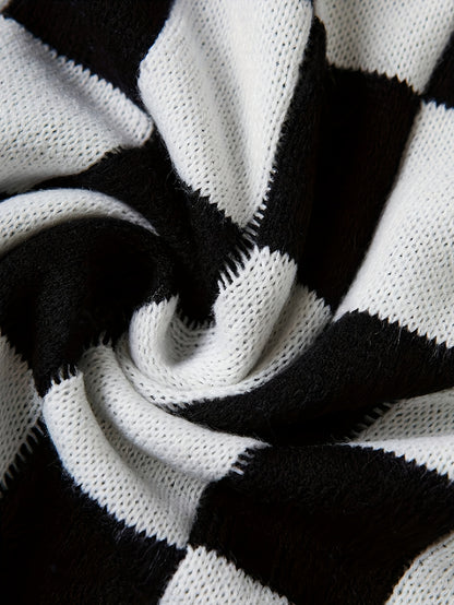 Red & White Gingham Cardigan – Women’s Cozy Fall/Winter Knit Sweater