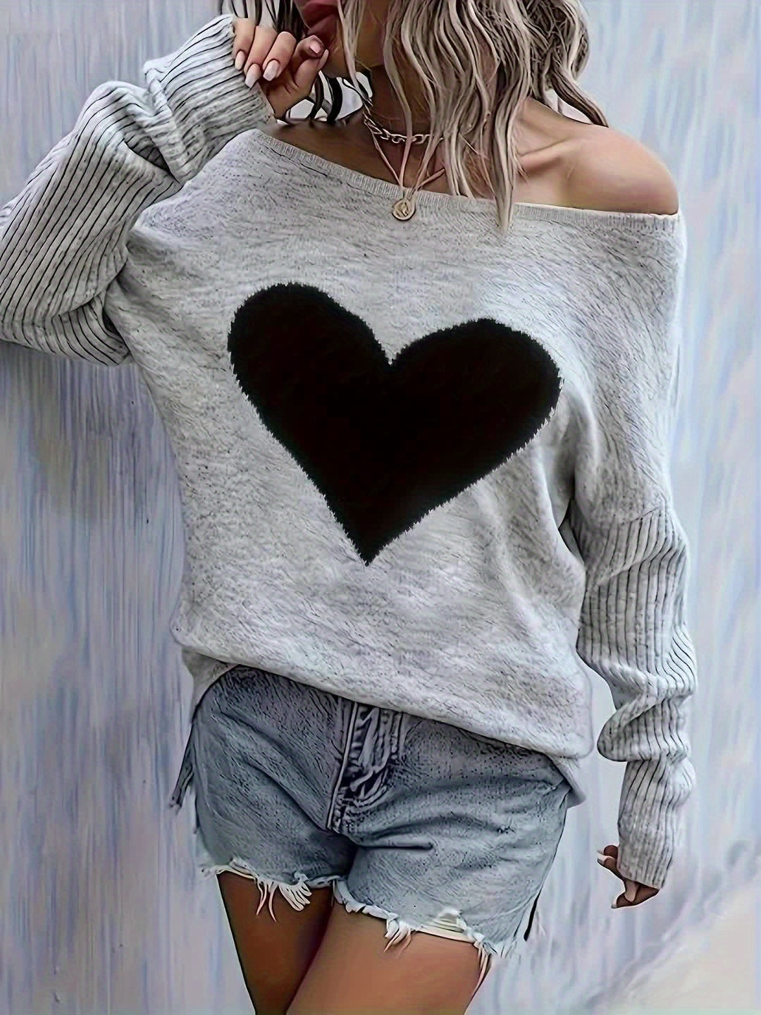 Women’s Black Heart Top – Elegant Soft Crewneck All-Season Blouse