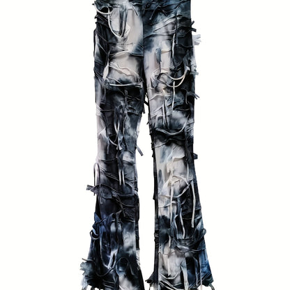 Tie-Dye Mesh Flare Pants – High-Waisted Fringe Detail Semi-Sheer Trousers