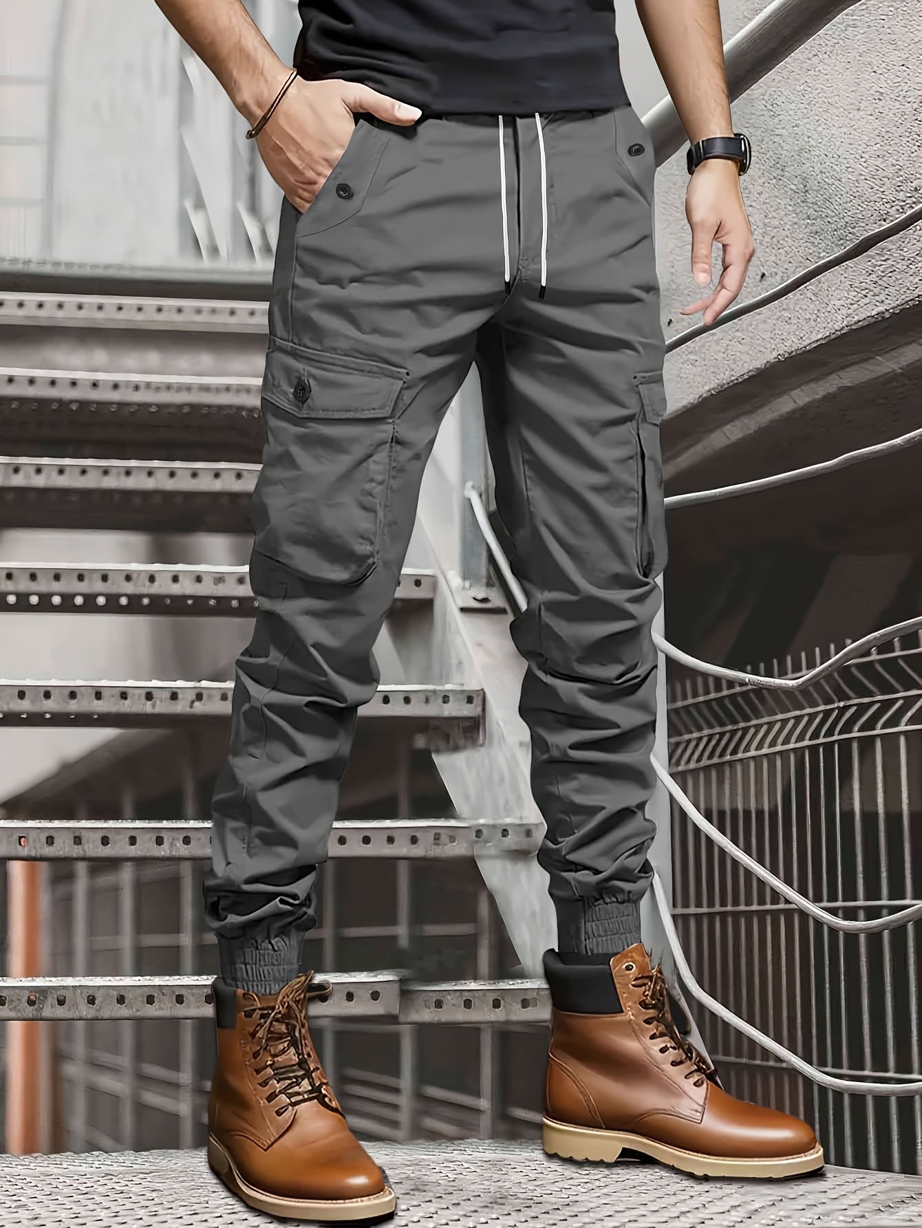 Men’s Olive Cargo Pants – Multi-Pocket Drawstring Utility Trousers