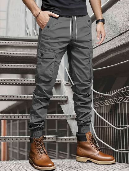 Men’s Olive Cargo Pants – Multi-Pocket Drawstring Utility Trousers