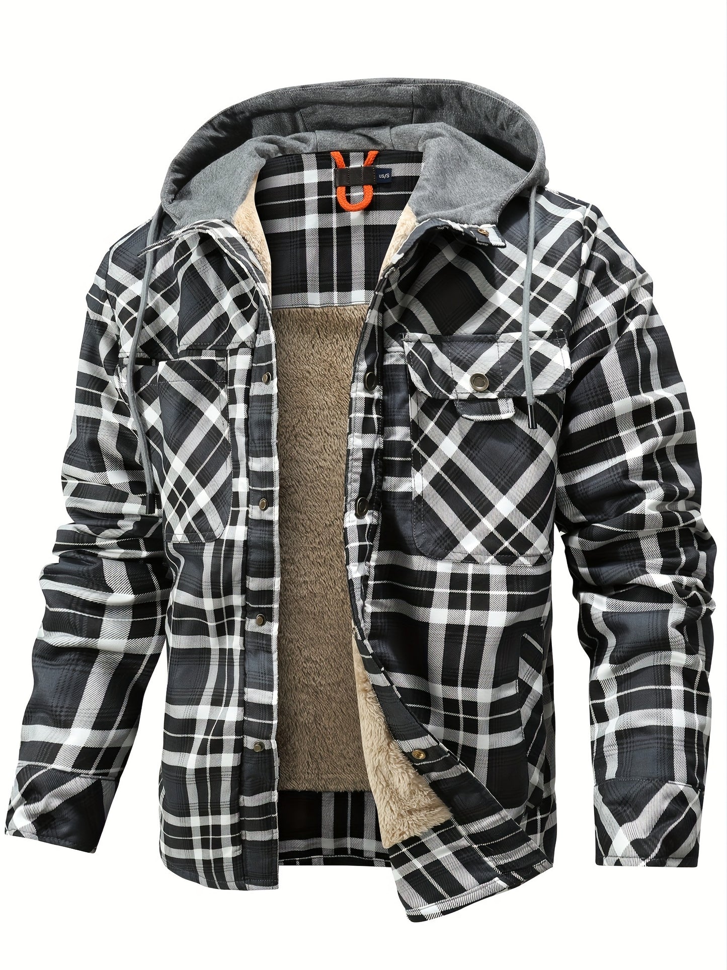 Men’s Plaid Flannel Hooded Jacket – Asymmetrical Button Tartan Coat