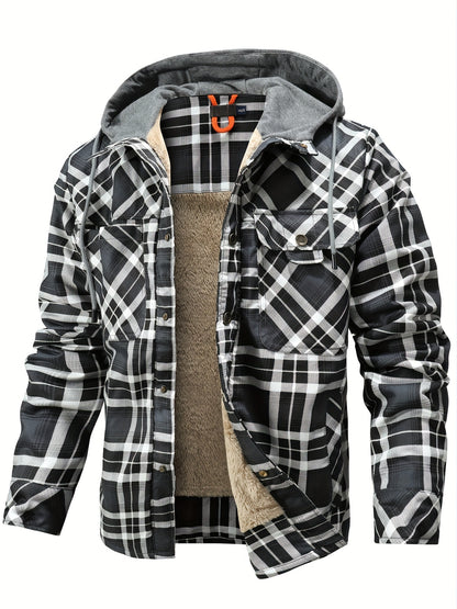 Men’s Plaid Flannel Hooded Jacket – Asymmetrical Button Tartan Coat