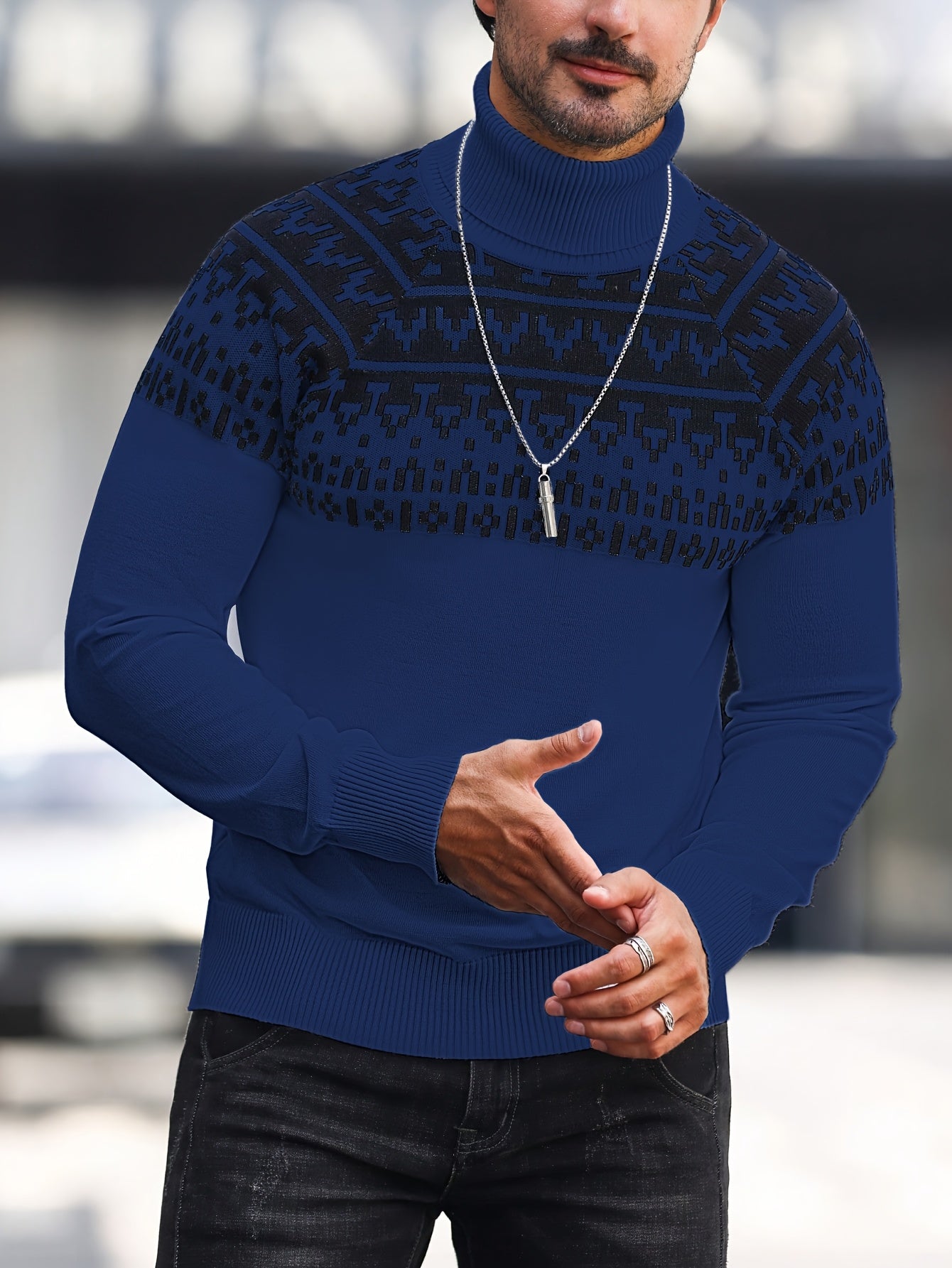 Suéter de cuello alto geométrico para hombre - Suéter informal de punto para otoño e invierno
