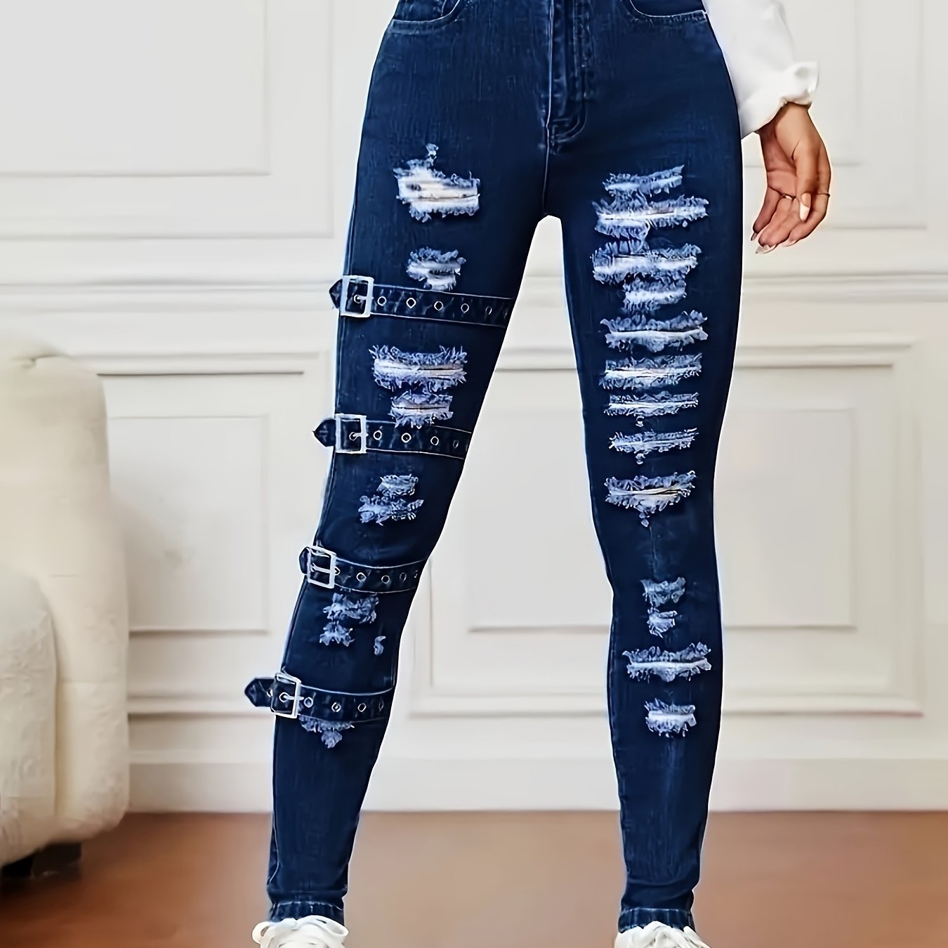 Vaqueros ajustados rotos – Denim azul oscuro muy elástico