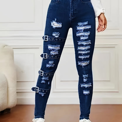 Vaqueros ajustados rotos – Denim azul oscuro muy elástico