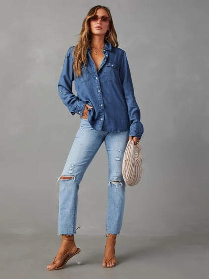 Camisa vaquera de botones para mujer – Blusa de trabajo casual de manga larga