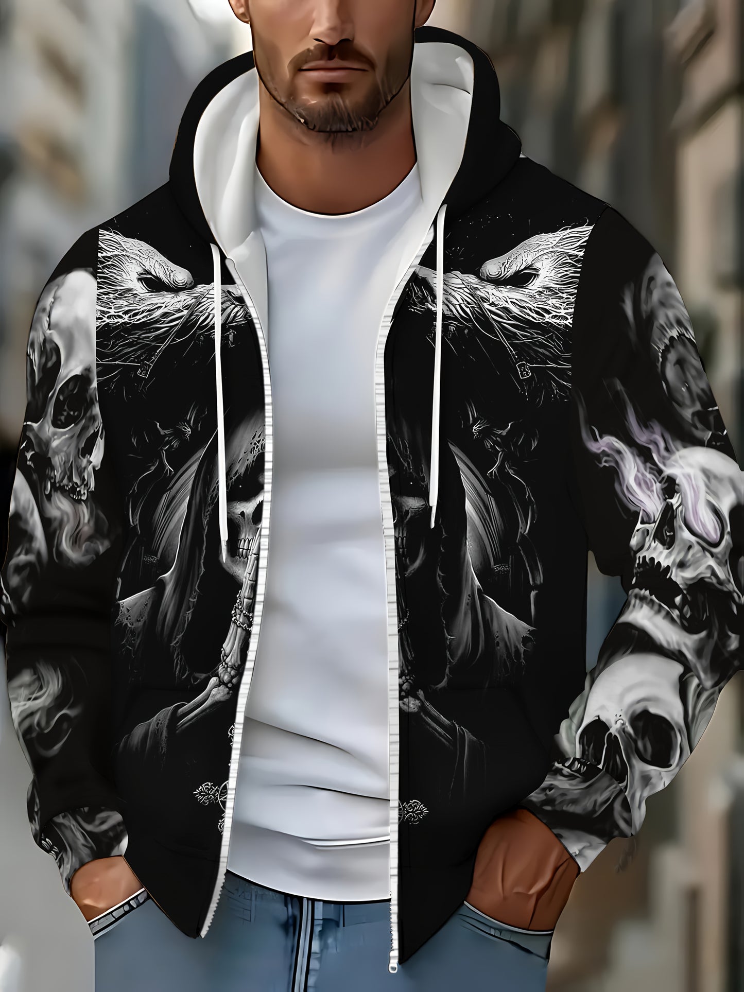 Loom & Soul Men’s Gothic Skull Zip Hoodie – Fiery Wing Streetwear Jacket