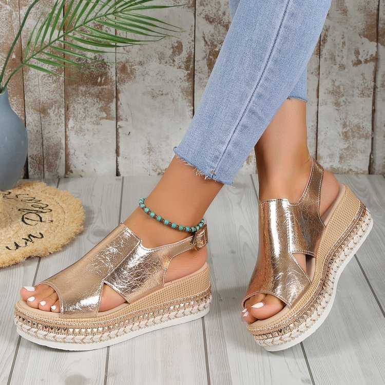 Loom & Soul™ Shiny Wedge Sandals – Women’s Hollow Fish Mouth Buckle Sandals