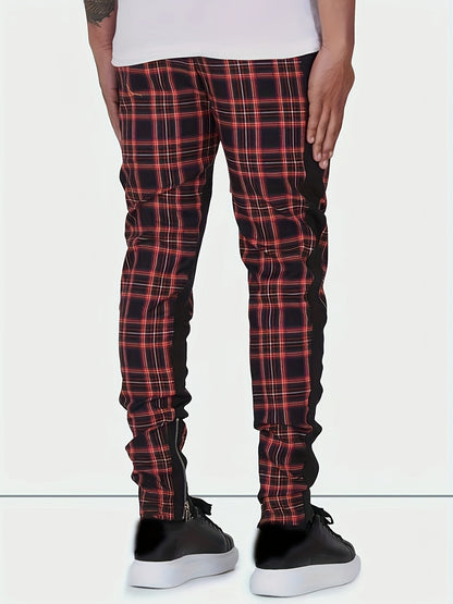 Men’s Red & Black Plaid Joggers – 3D Knit Streetwear Trousers