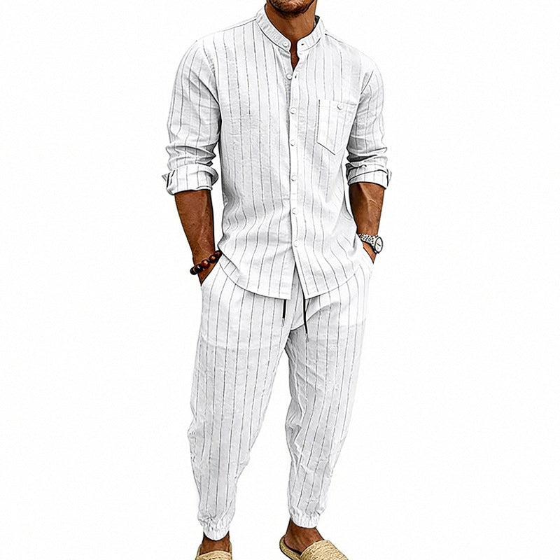 Men’s Striped Henley Set – Linen Jogger Streetwear Outfit