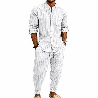 Men’s Striped Henley Set – Linen Jogger Streetwear Outfit