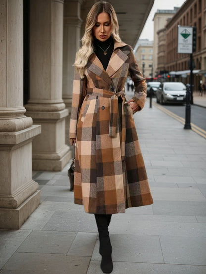 Women’s Lapel Wool-Blend Windbreaker – Lace-Up Double-Breasted Coat