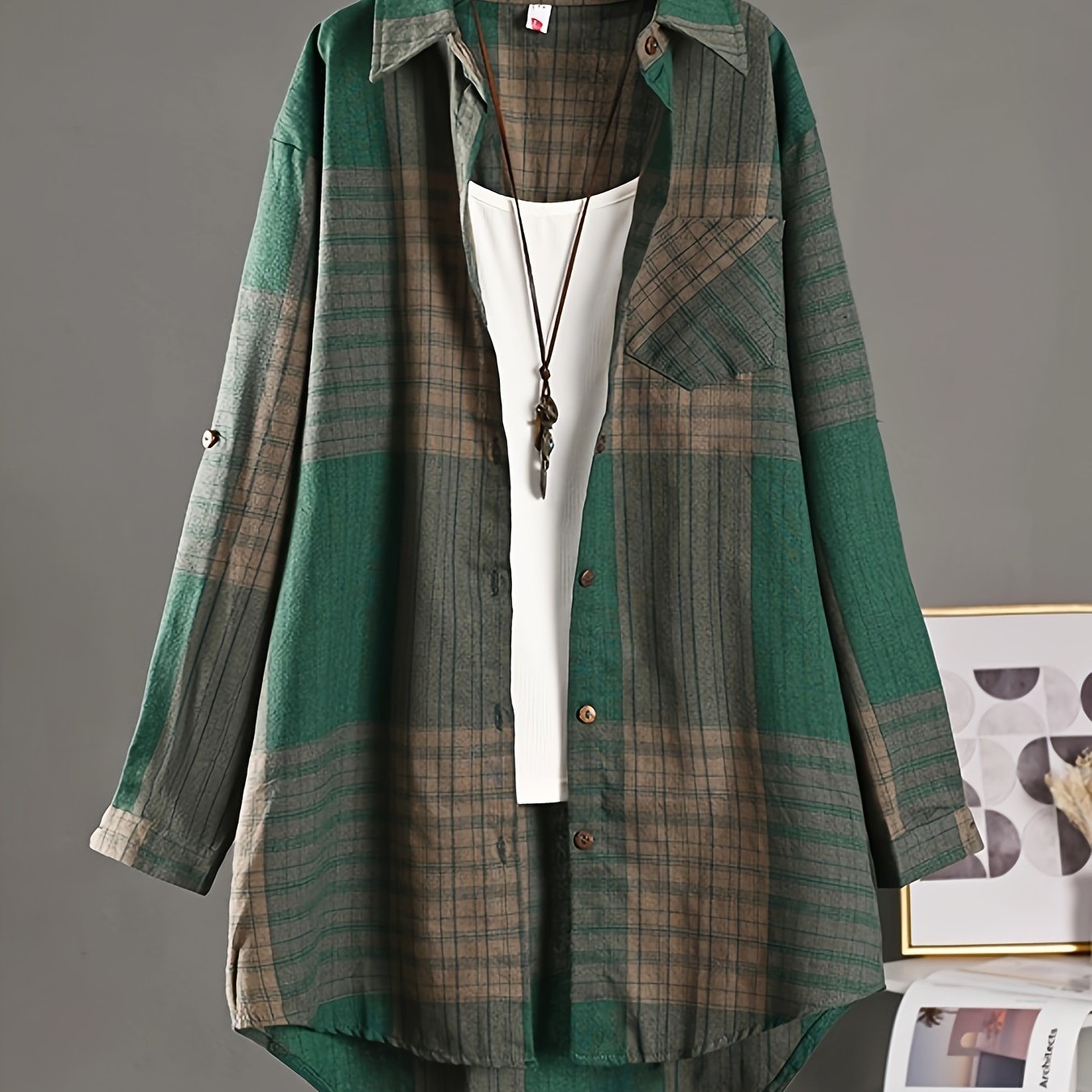 Women’s Vintage Plaid Shirt – Loose Button-Up All-Season Top