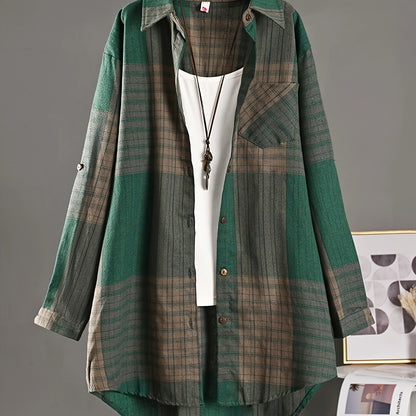 Women’s Vintage Plaid Shirt – Loose Button-Up All-Season Top