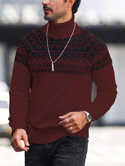 Suéter de cuello alto geométrico para hombre - Suéter informal de punto para otoño e invierno