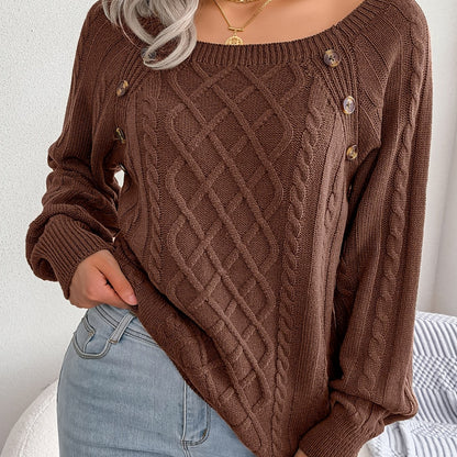 Women’s Textured Lantern Sleeve Sweater – Button Detail Knit Top