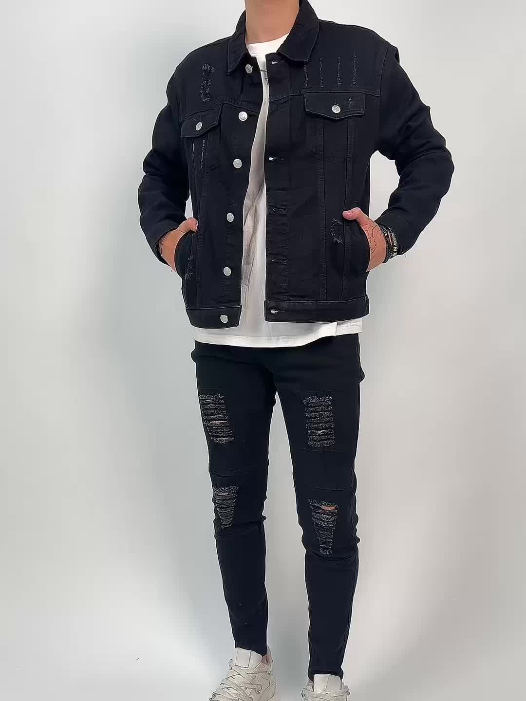 Chaqueta de mezclilla negra de corte ajustado para hombre – Estilo Moto con bolsillos