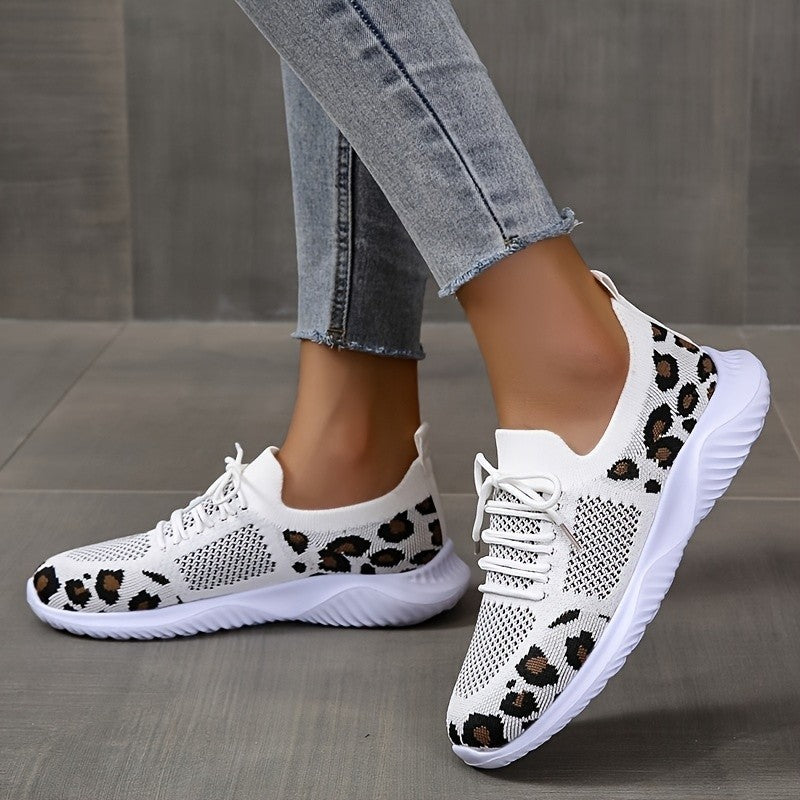 Loom & Soul Leopard Print Lace-Up Sneakers – Women’s Casual White Sports Shoes with Round Toe