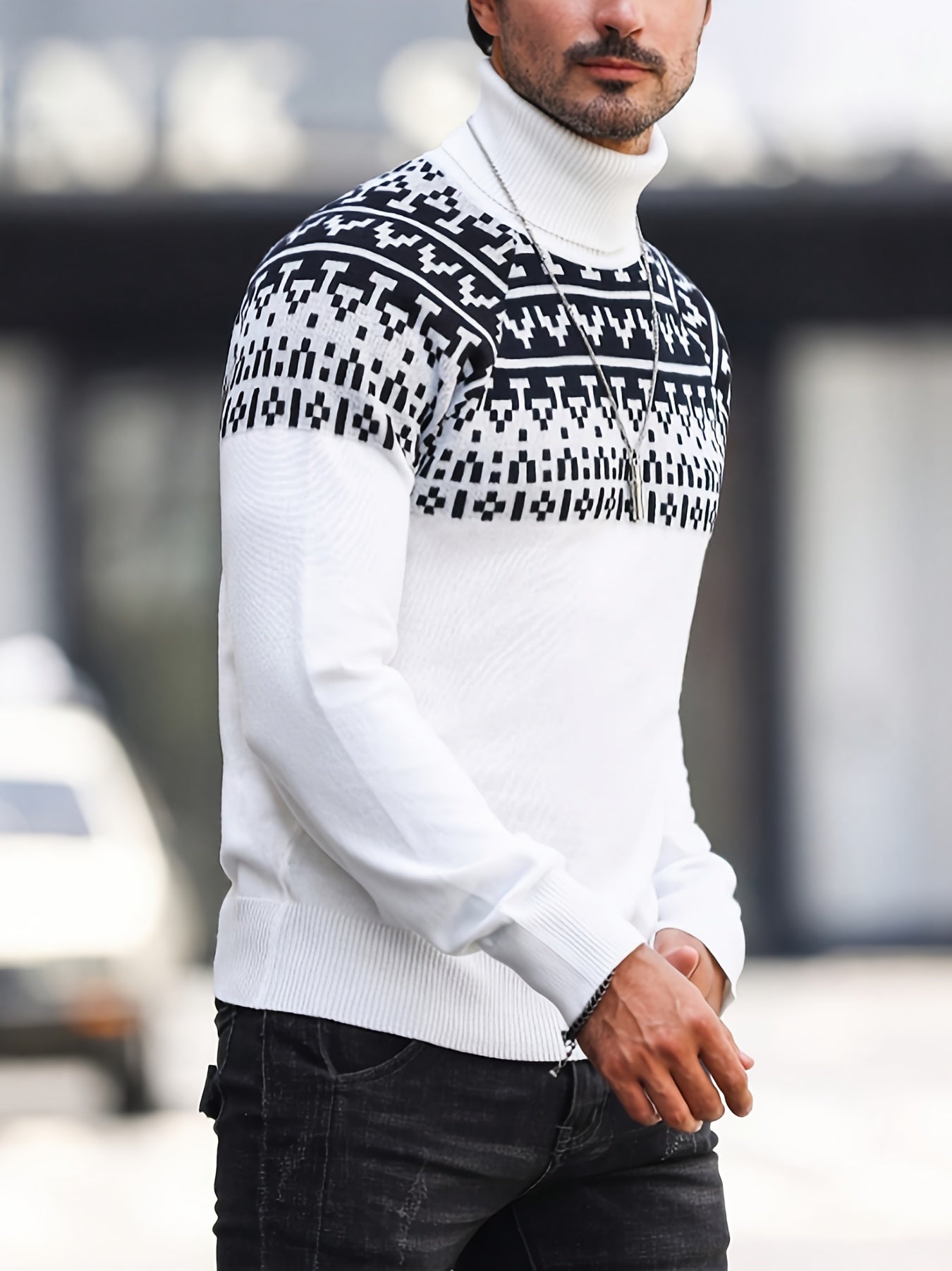 Suéter de cuello alto geométrico para hombre - Suéter informal de punto para otoño e invierno