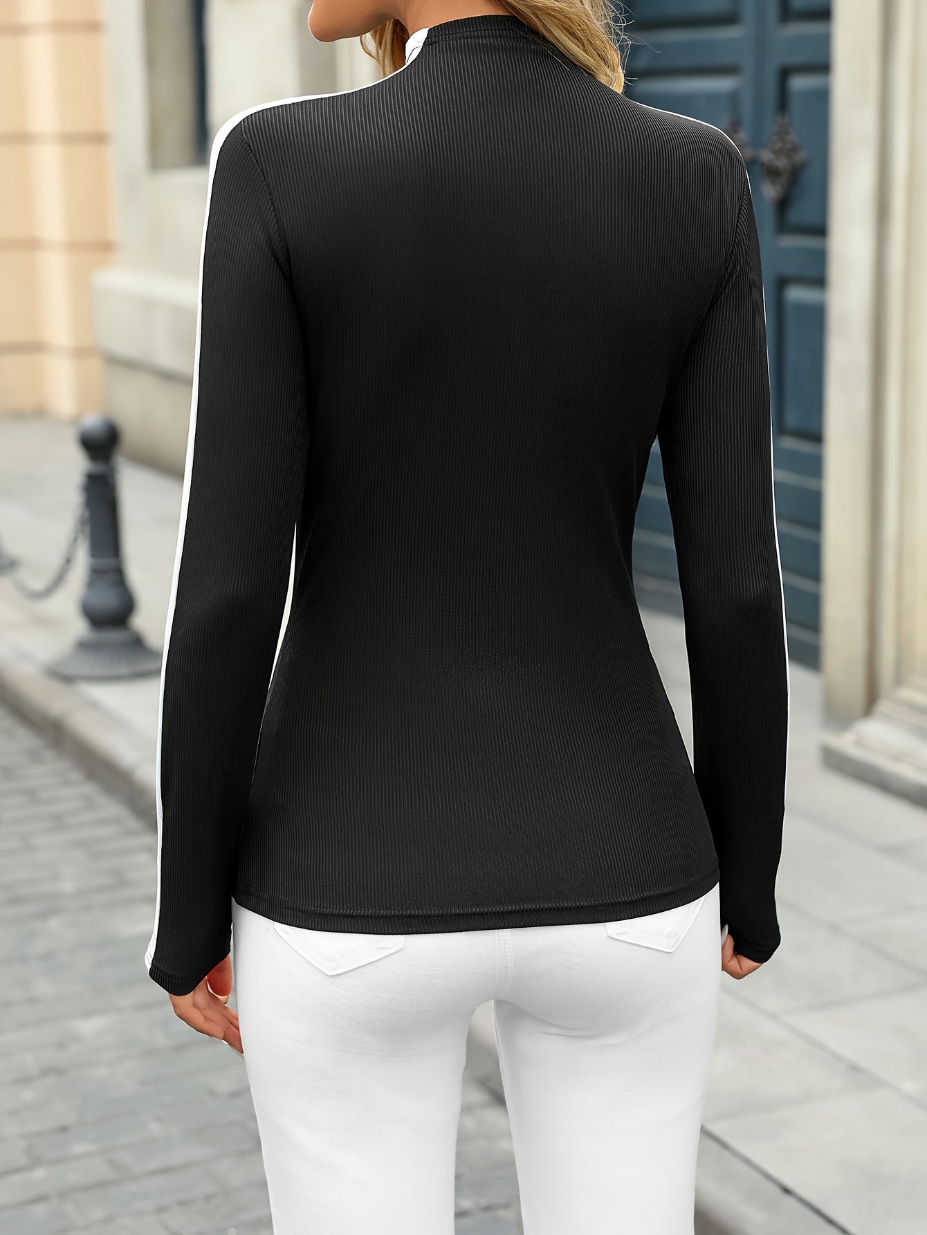 Women’s Slim Fit Patchwork High Neck Top – Elegant All-Season Knit