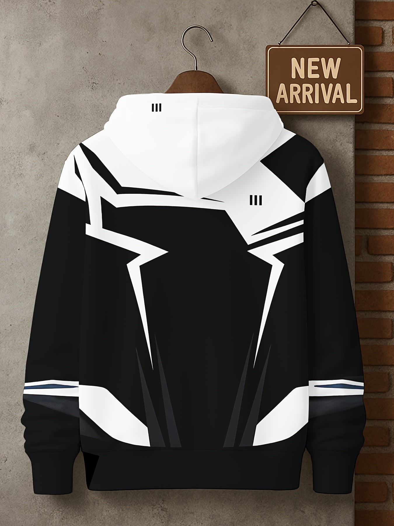 Men’s 3D D-Print Hoodie – Black & White Color-Block Street Pullover