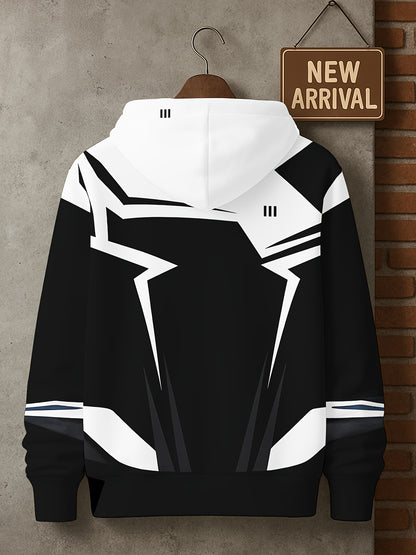 Men’s 3D D-Print Hoodie – Black & White Color-Block Street Pullover