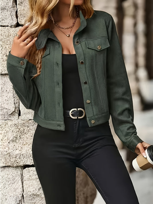 Vintage Suede Jacket – Women’s Stand Collar Button-Up Chic Spring/Fall Coat