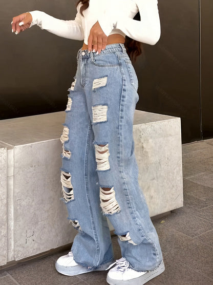Vaqueros anchos vintage desgastados – Denim clásico lavado azul estilo urbano