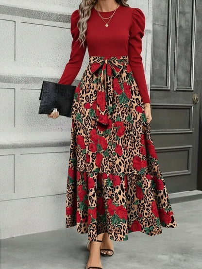 Vestido con estampado de leopardo y retazos con lazo en la cintura – Vestido entallado de manga larga elegante