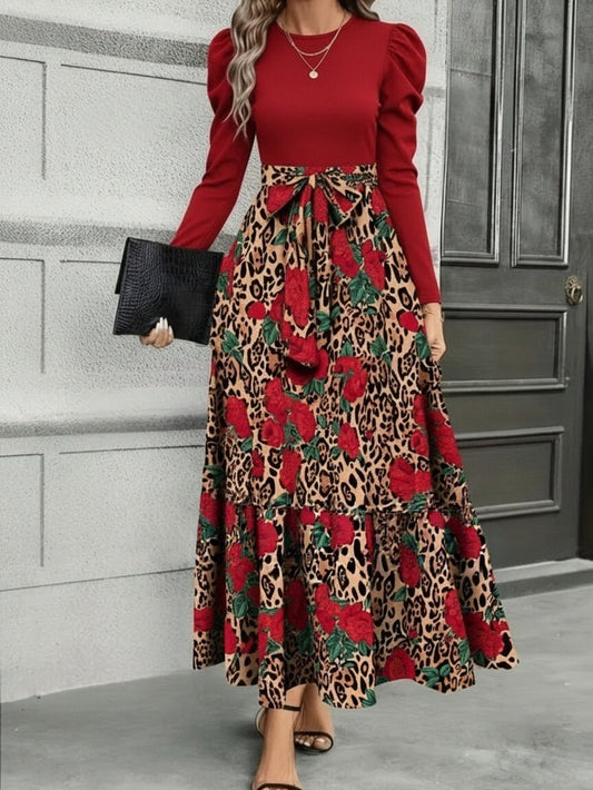 Leopard Print Patchwork Tie-Waist Dress – Elegant Long Sleeve Fitted Dress