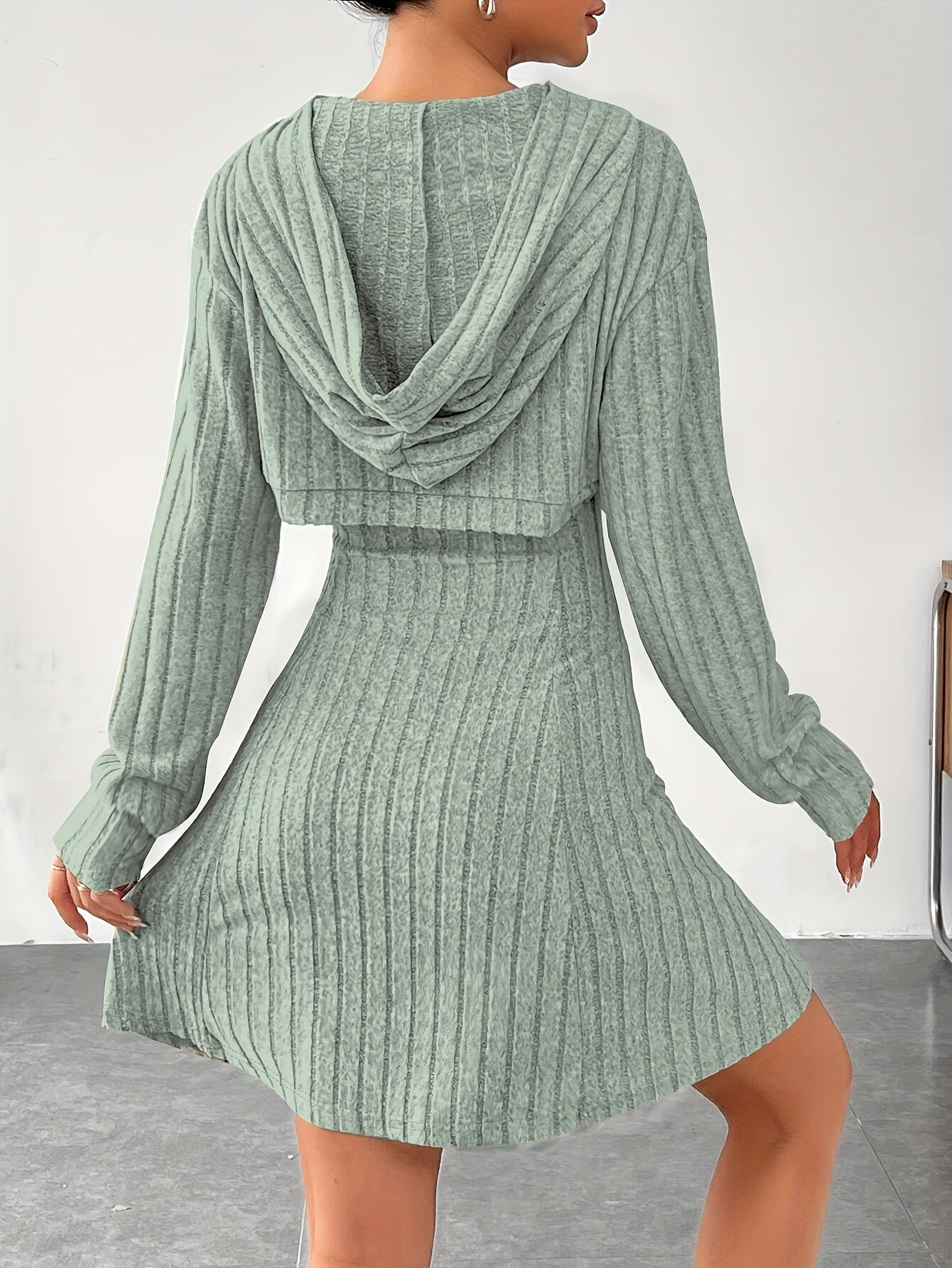 Women’s Ribbed Two-Piece Dress Set – Hooded Short Top & Bodycon Dress