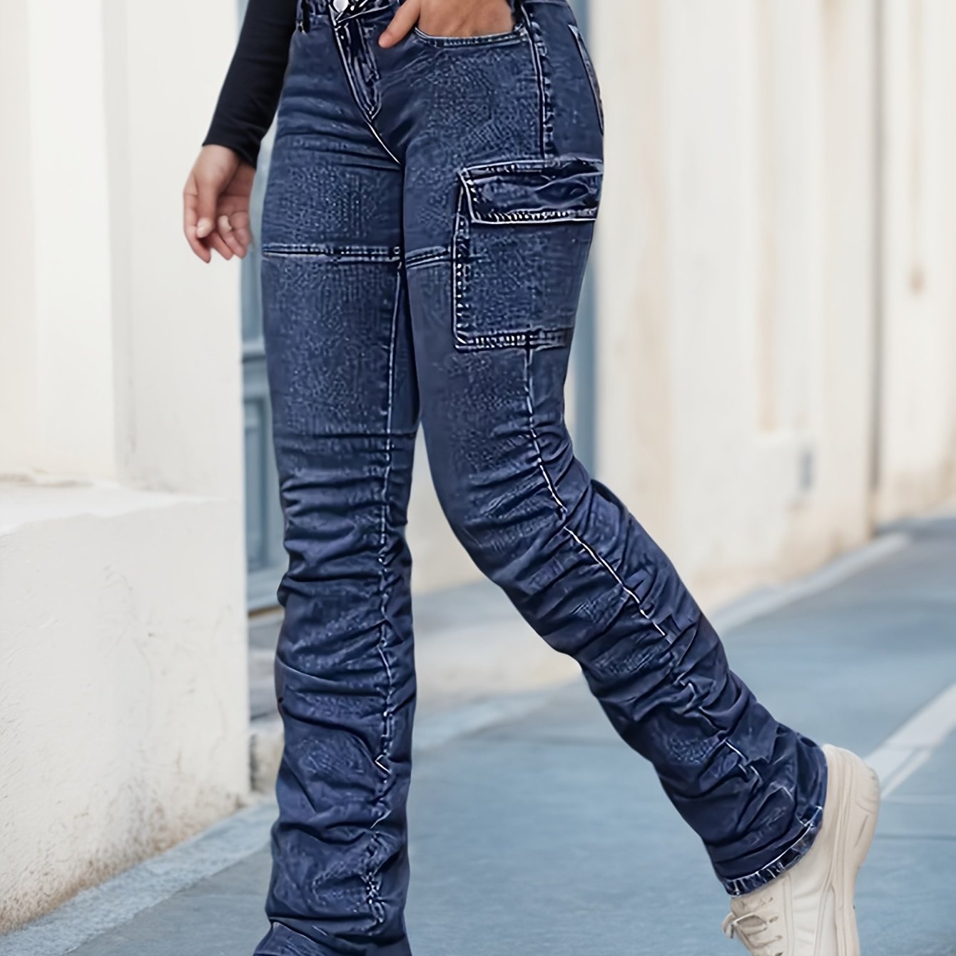 Vaqueros cargo de tiro alto para mujer – Pantalones rectos de mezclilla azul relajados