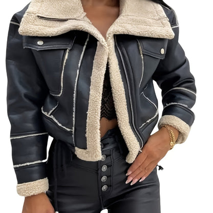 Women’s Faux Shearling Biker Jacket – Zip-Up Lapel Casual Fall/Winter Coat
