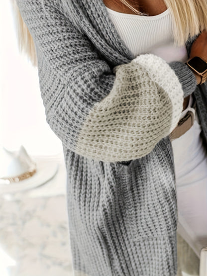 Women’s Cozy Color Block Cardigan – Belted Gray & White Knit