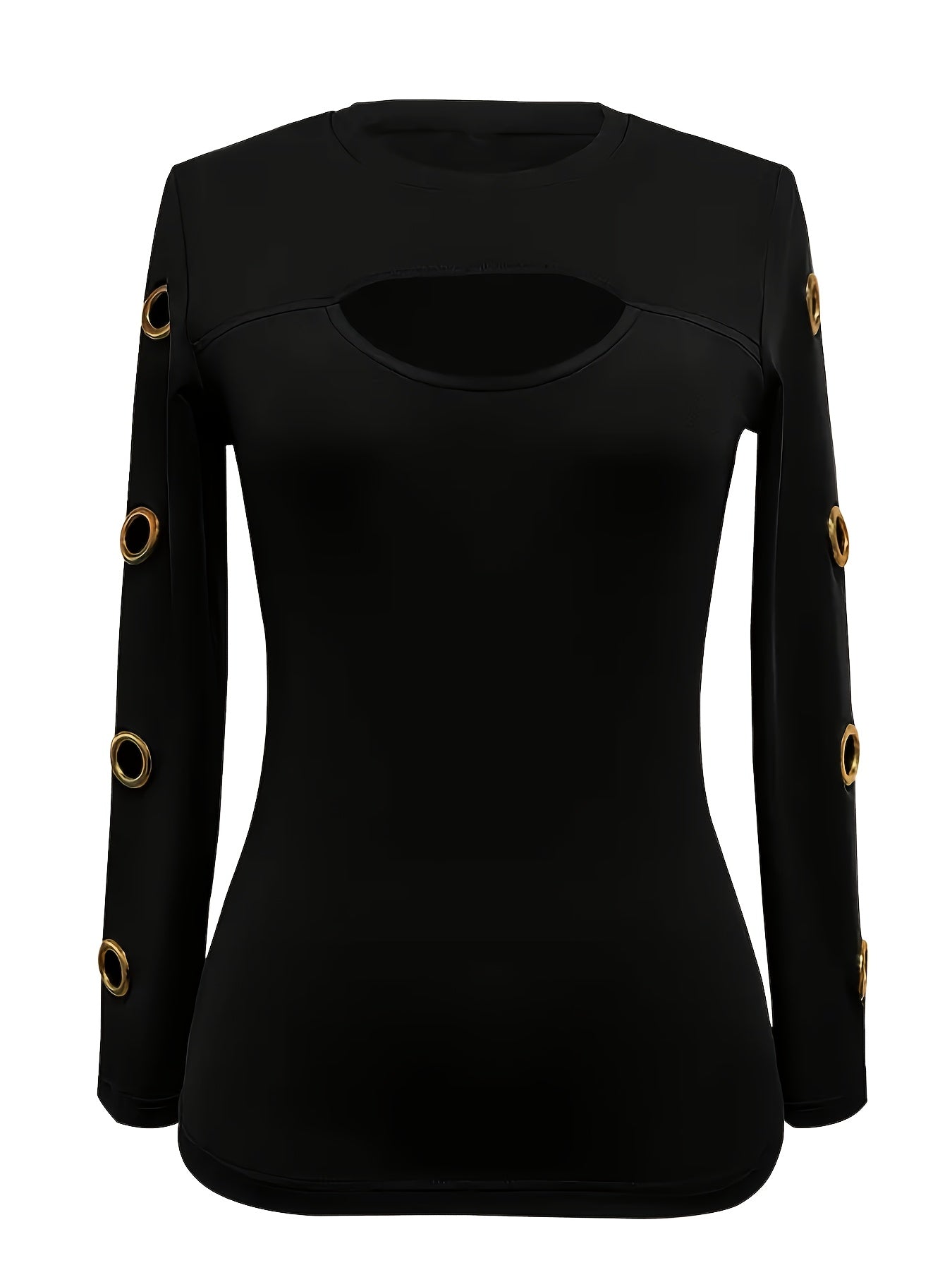 Elegant Black Long Sleeve Top – Gold Button Detail Round-Neck Tee