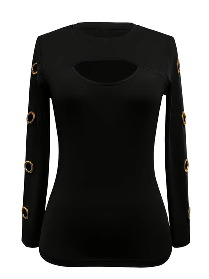 Elegant Black Long Sleeve Top – Gold Button Detail Round-Neck Tee
