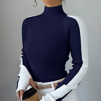 Suéter de cuello alto color block para mujer - Blusa elegante de punto suave