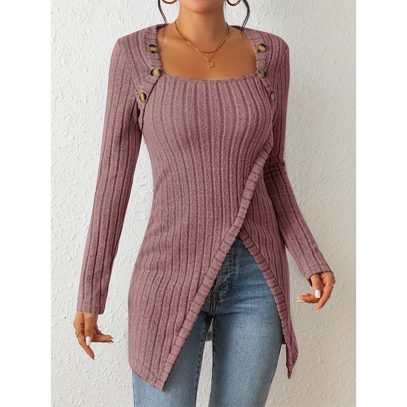Women’s Off-Shoulder Square-Neck Slit Sweater – Elegant Knit Top
