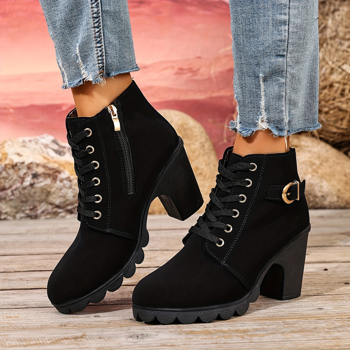 Botines de tacón alto para mujer - Tacón de bloque, elegantes, sin cordones