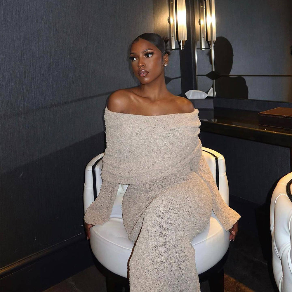 One-Shoulder Knit Maxi Dress – Elegant Long Sleeve Beach Dress