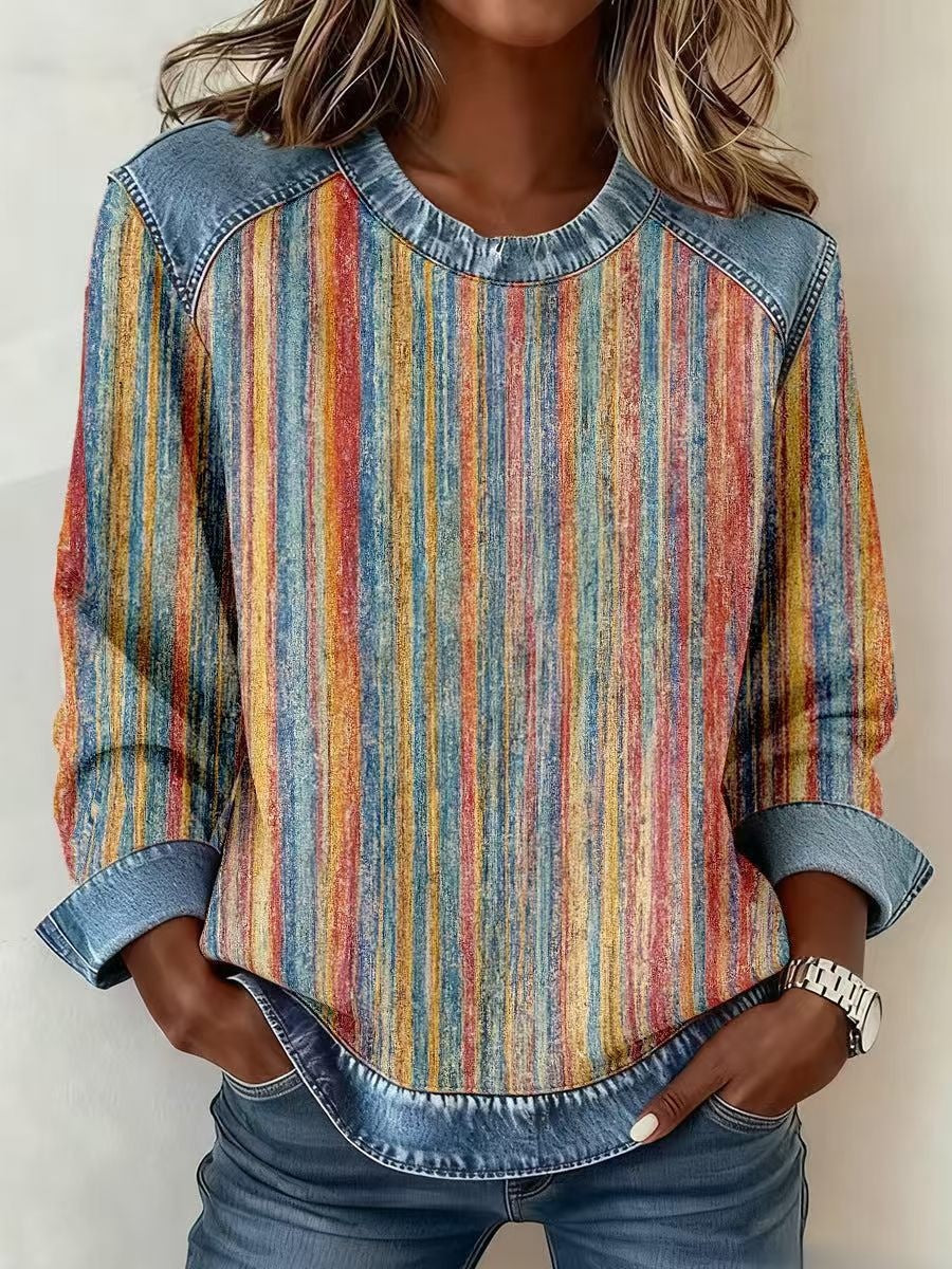 Sudadera de retazos de mezclilla para mujer - Sudadera floral con cuello redondo