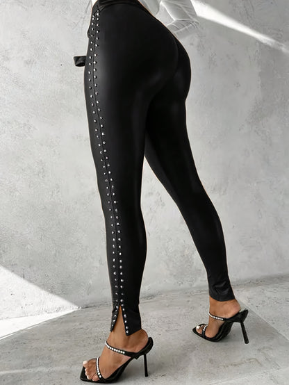 Women’s Brown Studded Leggings – High-Waisted Slim Fit Pants
